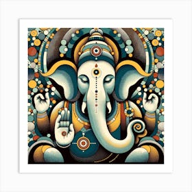 "Ornate Omnipresence: Ganesha's Celestial Embrace" - This piece is a stunning representation of Lord Ganesha, intricately detailed with a cosmic tapestry of dots and circles that create a mesmerizing mandala around the deity. The harmonious colors, featuring teal, ochre, and hints of warm oranges, convey wisdom and tranquility. The central figure of Ganesha, symbolizing knowledge and the removal of life's obstacles, is both grounding and uplifting. This artwork is a sanctuary of visual splendor, perfect for enhancing the spiritual ambiance of any room and serving as a daily reminder of Ganesha’s protective and guiding presence. Art Print