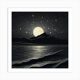 White moon in black starry night Art Print