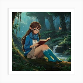Studio Ghibli ~ Hayao Miyazaki ~ Beautiful elf woman with braided long brown hair, brown eyes, and freckles. wearing a blue scarf, glasses, comfy looking outfit, skirt and thigh highs. sitting and reading a book in a whimsical magical forest with water nearby. whimsical, tetradic colors, The style is highly detailed and vivid, with a blend of realism and fantasy art elements, emphasizing a moody and ethereal ambiance. epic masterpiece, cinematic experience, 8k, fantasy digital art, HDR, UHD. This contrast between the fantastical character and the more traditional fantasy color scheme and elements gives the piece an intriguing narrative quality. 1 Art Print