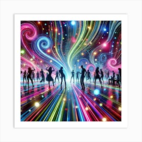 Neon Dance Vibes: A Lively Scene of Dancers and Swirling Colors Capturing the Energy of a Party Art Print