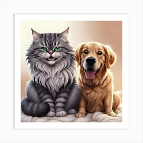 A Breathtakingly Detailed, Vibrant, And Humorous Illustration Of An Unlikely Yet Adorable Cat And Dog 1 Art Print