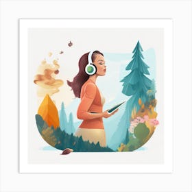 Woman In The Forest Listening To Music Art Print