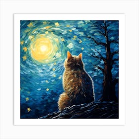 Moonlit Night, Van Gogh Inspired Cat Art Print Art Print