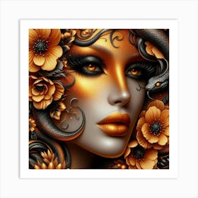 Woman With Snakes And Flowers Art Print