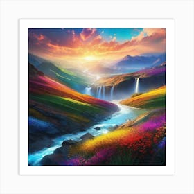 Colorful Landscape With A Waterfall Art Print