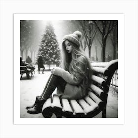 Girl Sitting On Bench In Snow Art Print