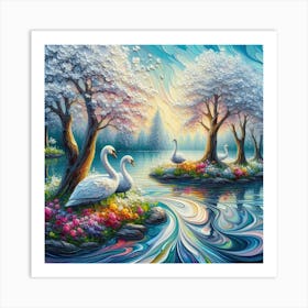 Spring Dream Acrylic Pour Art: Impasto Trees, Swans in Lake, Highly Detailed with Crisp Sharp Focus and Thick Raised Texture. Art Print