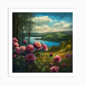 Wild Pink Roses in a Woodland Landscape Art Print