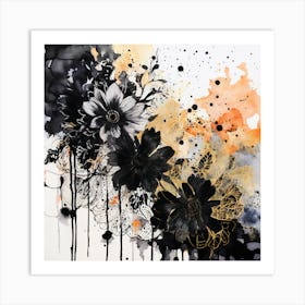 Black And Orange Flowers, Abstract Floral Painting, Abstract Floral Painting, Design An Eclectic Collage With Overlapping Layers Of Lace Watercolor Splatters And Black Art Print