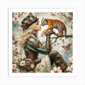 Steampunk Girl With Tiger 3 Art Print