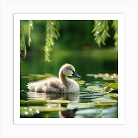 Fluffy Cygnet Paddling In A Tranquil Duck Pond Soft Feathers Ruffled Gently By The Serene Waters A Art Print