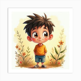 Spanish Boy With A Curious Look, Watercolor With Lively Background 1 Art Print