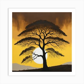 a tree with a yellow sun in the background and a brown sky above it 3 Art Print