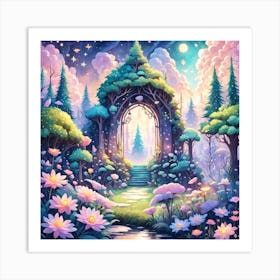 A Fantasy Forest With Twinkling Stars In Pastel Tone Square Composition 291 Art Print