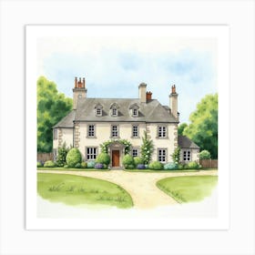 Watercolor Of The Cotehele House In Cornwall, Capturing Its Historic Charm And Scenic Surroundings Art Print