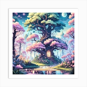 A Fantasy Forest With Twinkling Stars In Pastel Tone Square Composition 363 Art Print