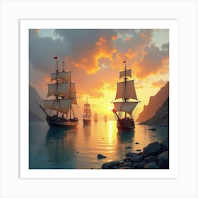 Watercolor Scene Of The Grey Havens At Sunset With Ships Ready To Depart 1 Art Print