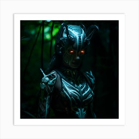 Neon lady hunter in the woods Art Print