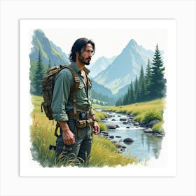 Watercolor Painting Of Keanu Reeves Near A Peaceful Mountain Stream 1 Art Print