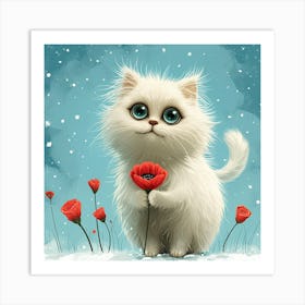 White Cat In The Snow Art Print