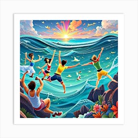 Happy People Jumping In The Ocean Art Print