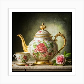 A very finely detailed Victorian style teapot with flowers, plants and roses in the center with a tea cup 13 Art Print