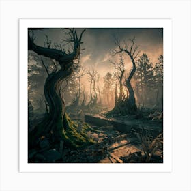 reclaims ,Explore the Enigmatic Beauty of a Post-Apocalyptic Forest: Twisted Trees, Charred Remnants, and Nature's Resilience. 🌲📸 #PostApocalyptic #ForestScene ##reclaims#NaturePhotography Art Print