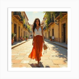 Spanish Woman In A Sunlit Plaza, Watercolor With Warm Golden Tones 1 Art Print