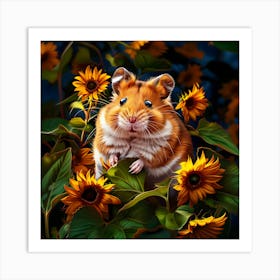 Hamster Among Sunflowers Art Print