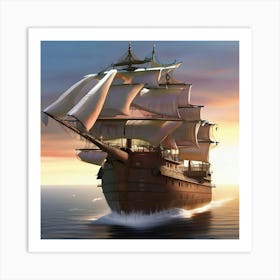 Pirate Ship At Sunset Art Print