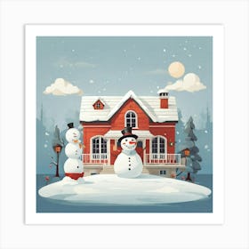 Snowman In Front Of House Art Print