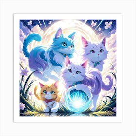 Four Cats In The Moonlight Art Print