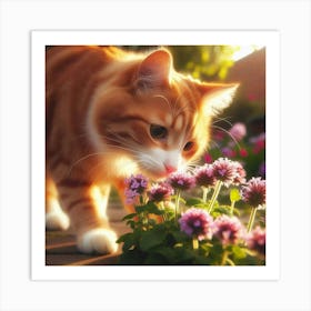 Cat Sniffing Flowers Art Print