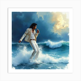 Michael Jackson Performing With A Watercolor Stormy Sea 1 Art Print