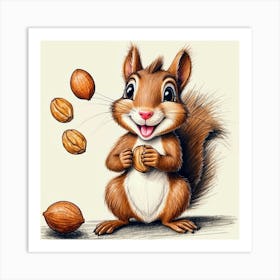 Cartoon Squirrel With Nuts Art Print