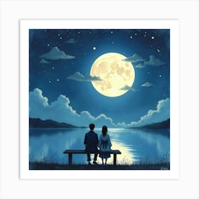 Japanese Couple Sitting On A Bench Under A Full Moon, With The Night Sky Reflecting On Water, Watercolor Art Print