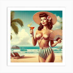 Pin Up Girl At The Beach Art Print