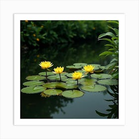 A Tranquil Pond With Blooming Yellow Water Lilies And Lush Green Foliage 1 Art Print