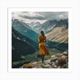 Woman In Yellow Dress Standing On A Mountain Art Print