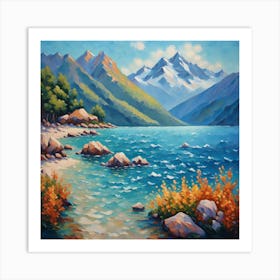 Tranquil Shores: Alpine Majesty Meets Azure Waters. Fine wall art . Art Print