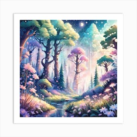 A Fantasy Forest With Twinkling Stars In Pastel Tone Square Composition 246 Art Print