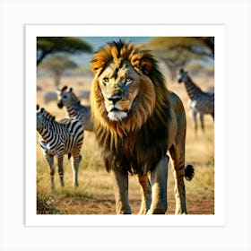 Lion And Zebras Art Print