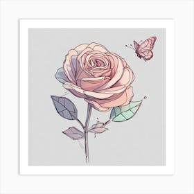 Pink Rose With Butterfly Art Print