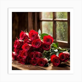 Red Roses On A Window Sill Art Print