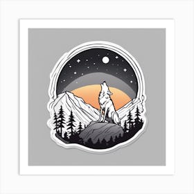 Sticker Art Design, Wolf Howling To A Full Moon, Kawaii Illustration, White Background, Flat Colors, (6) 1 Art Print