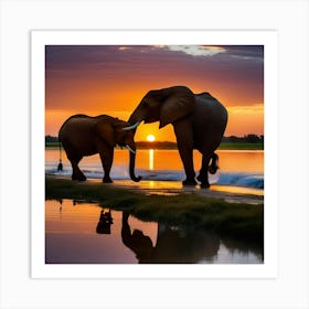 Elephants At Sunset 1 Art Print