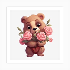 Teddy Bear With Roses Art Print