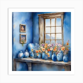 Blue wall. Open window. From inside an old-style room. Silver in the middle. There are several small pottery jars next to the window. There are flowers in the jars Spring oil colors. Wall painting.62 Art Print