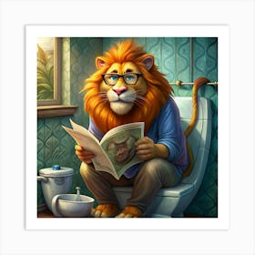 Lion In Glasses Reading A Newspaper On A Toilet Art Print