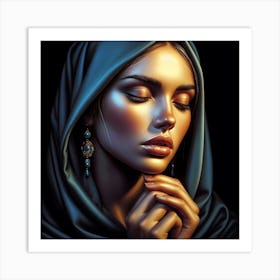 Beautiful Woman In Blue Shawl Art Print